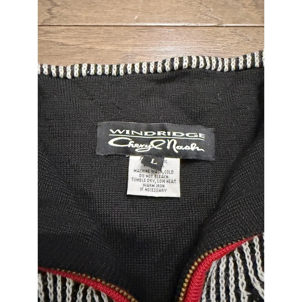 Windridge Cheryl Nash Sweater Vest Womens L Black White Wool Blend Zip Up Vest